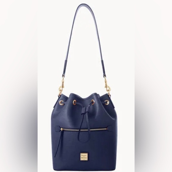 Dooney & Bourke Handbags - Dooney & Bourke Saffiano Drawstring Blue Leather Bucket Bag with Gold Hardware